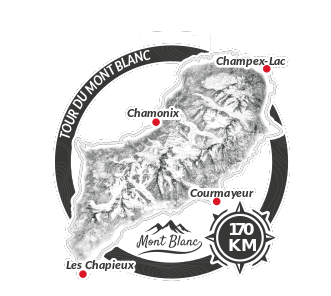 Medal Trail du Mont Blanc - srebrny medal z grawerem górskim i napisem Trail du Mont Blanc 170km na ciemnej wstążce