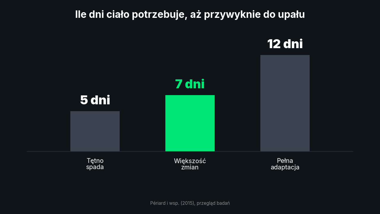 Oś czasu aklimatyzacji do upału: tętno spada po 4-5 dniach, większość zmian po 7 dniach, pełna adaptacja po 10-14 dniach. Przegląd Périard i wsp. 2015.