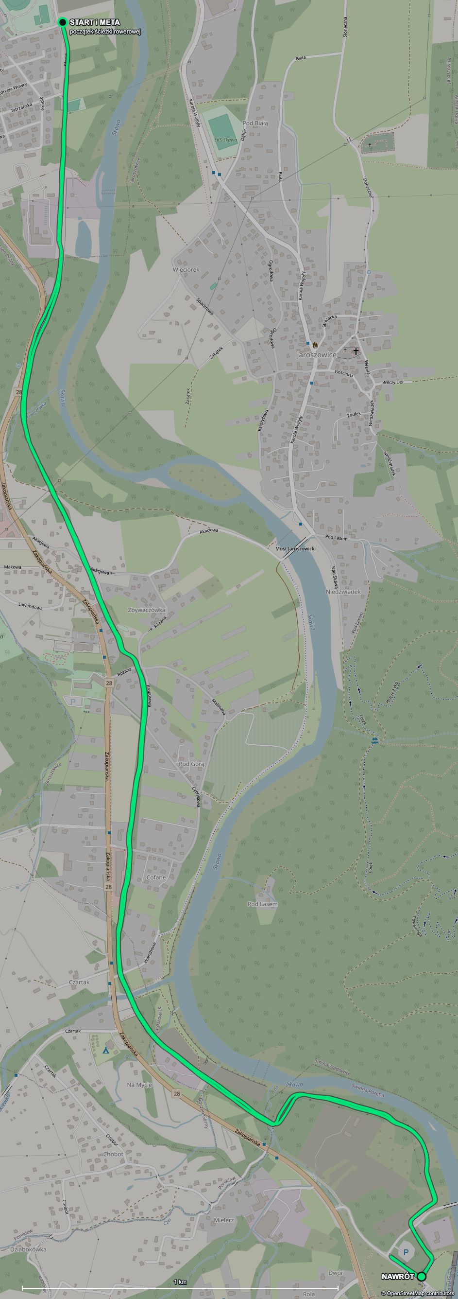 Mapa trasy w Wadowicach: od startu przy początku ścieżki rowerowej na południe wzdłuż Skawy, nawrót po około 5 km i powrót tą samą drogą